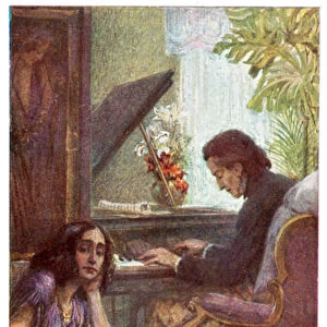 Musician and composer, Frederic Chopin, with George Sand by Adolf Karpellus (colour litho)