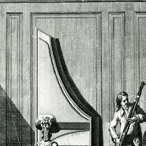 Musicians playing an upright clavicord and a bassoon (engraving) (b / w photo)