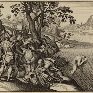 Naaman healed of leprosy by bathing in the River Jordan (engraving)