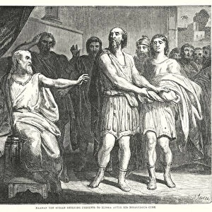 Naaman the Syrian offering Presents to Elisha after his Miraculous Care (engraving)