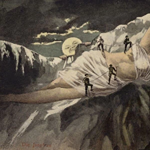A naked woman on a mountainside being climbed by mountaineers while the moon looks on (collage)