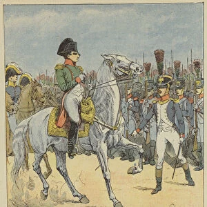 Napoleon interpelle a la parade par un lieutenant (colour litho)