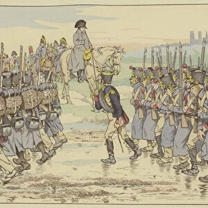 Napoleon looking on as the last contingent of the army in the French campaign marches past near Reims, 16 March 1814 (colour litho)