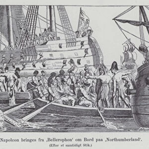 Napoleon being transferred from HMS Bellerophon to HMS Northumberland for the voyage to his exile on St Helena, 1815 (litho)