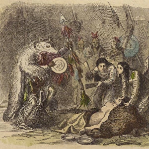 A Native American medicine man reciting an incantation to cure sickness (coloured engraving)