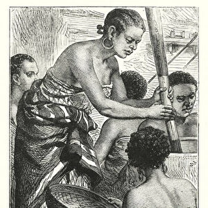 Native Girls pounding Millet on board a Missionary Vessel (coloured engraving)