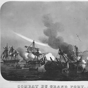 Naval battle of Grand Port, Mauritius, in 1810 (litho)