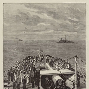 The Naval Manoeuvres, with the Red Fleet, Divine Service on Board HMS "Blenheim"(engraving)