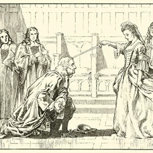 Newton knighted by Queen Anne (ink on paper)