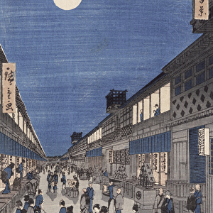 Night time view of Saruwaka Street, from Meisho Edo Hyakkei (One Hundred Views of Edo) (colour woodblock print)