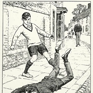 "Norman tripped over the extended leg, tried hard to recover himself, but went sprawling"(litho)