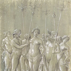 Five Nude Soldiers Holding Poles, Two Wearing a Helmet, and Three Nude Women