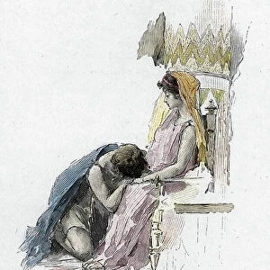 Odyssee d'Homere: Song VII: Ulysses reached the palace of Alcinoos (Alcinoos or Alkinoos) kisses the hands and knees of the queen of Pheacians Arete