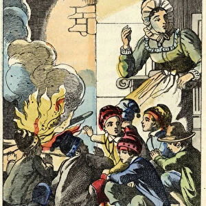 The ogres wife heats the Little Poucet and his brothers with a fire