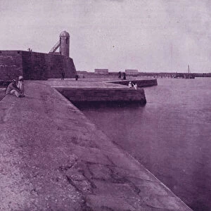 Old fort and sea wall at St Augustine, Florida (b / w photo)