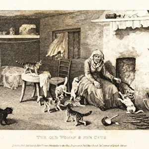 Old hag seated at the hearth in a hovel surrounded by cats. 1811 (etching)
