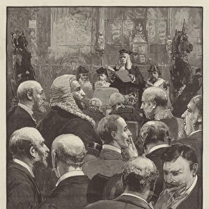 Opening of Parliament, the Lord Chancellor reading the Queens Speech, the Faithful Commons at the Bar (engraving)