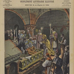 Opening of the sarcophagus of the Emperor Charlemagne in Aachen (colour litho)