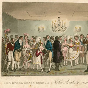 The opera green room, or Noble Amateurs viewing Foreign Curiosities (coloured engraving)