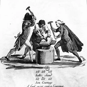 The Three Orders, forging the New Constitution on an Anvil, 1789 (engraving) (b / w photo)
