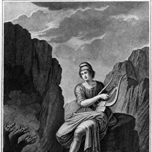Orpheus at the Entrance of the Underworld meets Cerberus. Lithography. 19th century