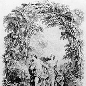 Orpheus leading Eurydice out of hell, illustration for the opera