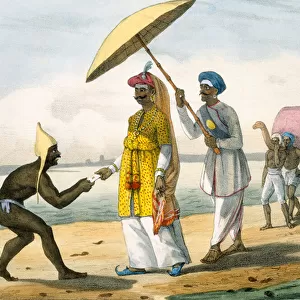 Paleagar delivering a letter to grandees on a beach, 1827-35 (colour litho)