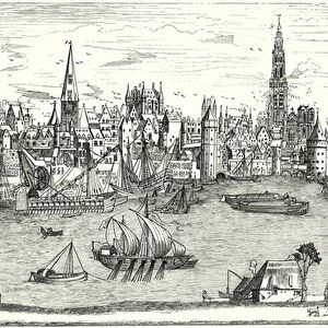 Panorama of Antwerp at the beginning of the 16th Century (engraving)