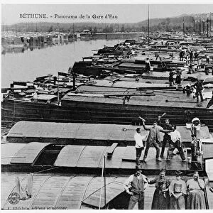 Panorama of barges at the Gare d Eau at Bethune, Pas-de-Calais, France, early 20th century (b / w photo)