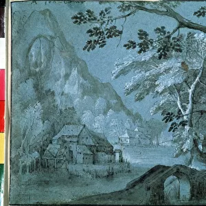 Paysage d un lac de montagne avec un moulin (Landscape with a mill at the mountain lake). Dessin de Adriaen Van Stalbemt (1580-1662). Grisaille sur papier, 14, 8 x 18, 6 cm, 1610-1620. art flamand. Musee des Beaux Arts Pouchkine, Moscou