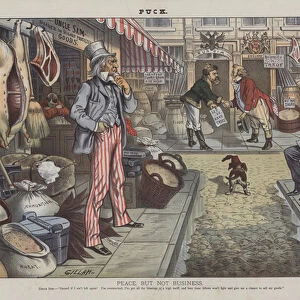 Peace but Not Business, satire showing Americas struggle to trade in a peaceful Europe in the late 19th century (colour litho)