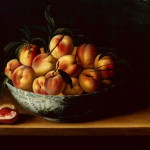 Peaches in a Wanli Kraak Porcelain Bowl on a Ledge (oil on panel)