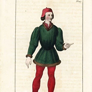 Peire Cardenal or Pierre Cardinal, troubadour, 1180-1278. He is depicted in 14th century garb: red cap, green furlined doublet, red stockings, and cracows or poulaines