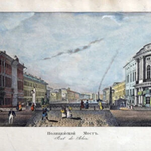 Perspective Nevski - The Police Bridge with the Stroganov Palace. From the panorama of the Nevsky Prospekt par Ivanov, Ivan Alexeyevich (1779-1848), 1830 - Lithograph, watercolour - State Museum of A. S. Pushkin, Moscow