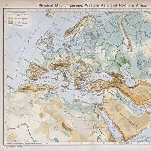 Physical Map of Europe, Western Asia and Northern Africa (colour litho)