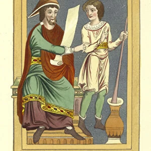 Physician and his servant, 13th Century (coloured engraving)