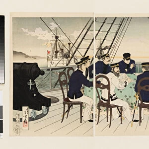 Picture of naval officers discussing battle strategy to be used against China, 1894
