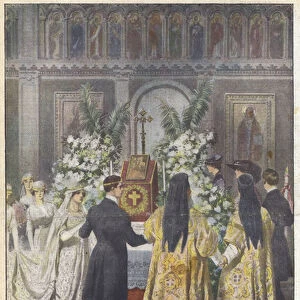 A picturesque Greek-Orthodox ceremony in London, for the wedding of the young lady... (colour litho)