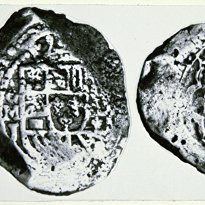 A Piece of Eight, dated 1714 (silver) (b / w photo)