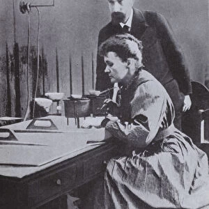Pierre and Marie Curie, discoverers of Radium, in their laboratory at Paris University, 1898 (b / w photo)