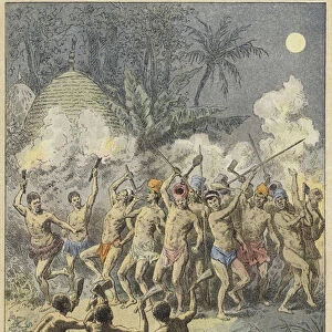 Pilou, traditional Kanak dance, New Caledonia (coloured engraving)