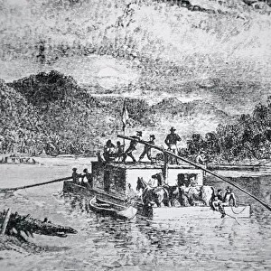 Pioneer flatboat on the Ohio River, c. 1845 (engraving)