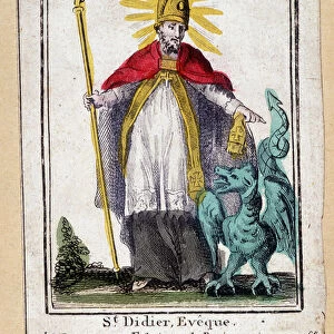 Pious image depicting Saint Didier Eveque (with dragon) - France 19th