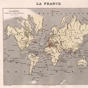 Planisphere indicating the French colonies in 1876 - France and its Colonies. Atlas illustrates one hundred and five maps from the maps of the depot of war, bridges and footwear and the Navy by M. VUILLEMIN. 1876