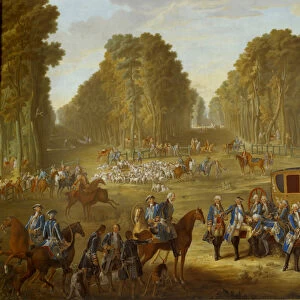 Plaque depicting the hunts of Louis XVI: the meeting at the crossroads of the well du Roi