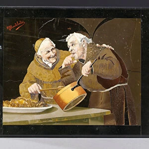 Plaque depicting two monks testing food within a black border, Florence