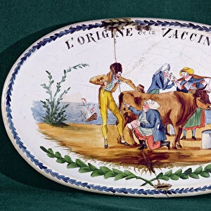 Plaque depicting The Origin of Vaccination, late 18th century (glazed ceramic)
