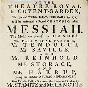 Playbill advertising a performance of Handels Oratorio, Messiah in 1777