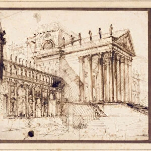 The Portico and Facade of an Elaborate Neo-Classical Building (pen and brown ink)