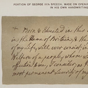 Portion of George IIIs speech, made on opening his first parliament, in his own handwriting (colour litho)